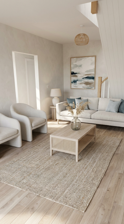The same living room restyled in a warm, minimalist palette