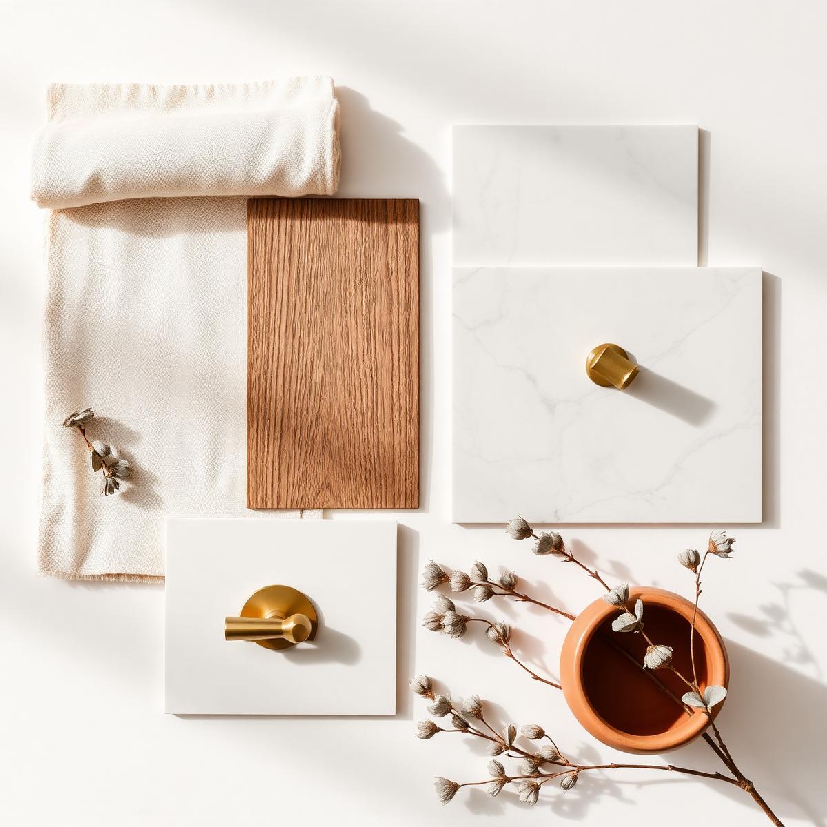 Curated flat lay of linen, oak, marble and brass